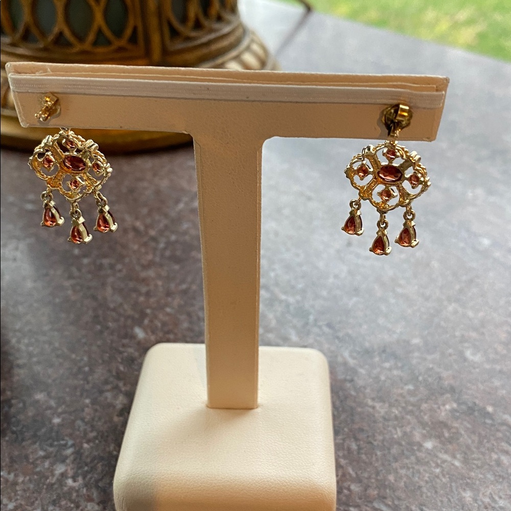 Gold Chandelier Drop Earrings with Pyrope Garnets: - Picture 2 of 5